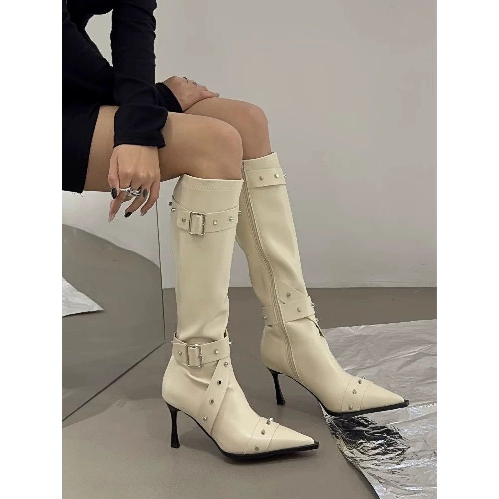 (Sẵn đen 36,38 trắng 35) Boots Da Nữ Cao Gót Mũi Nhọn QC Đính Đá Cá Tính Phong Cách Ulzzang cc