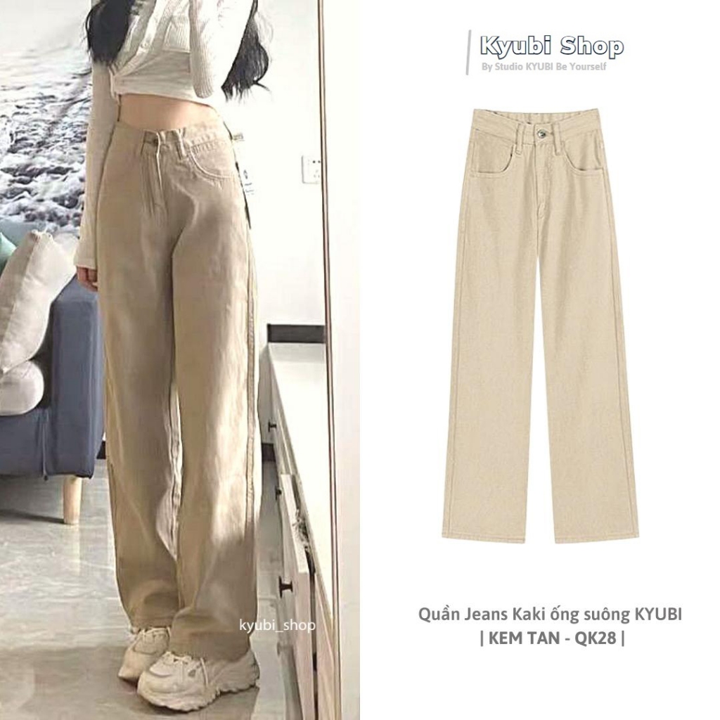Quần jean kaki nữ ống suông ulzzang lưng cao màu nâu tây (có bigsize) - Quần jeans ống rộng 2 nút Kyubi QK28