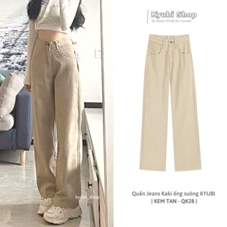  Quần jean kaki nữ ống suông ulzzang lưng cao màu nâu tây  có bigsize  - Quần jeans ống rộng 2 nút Kyubi QK28 
