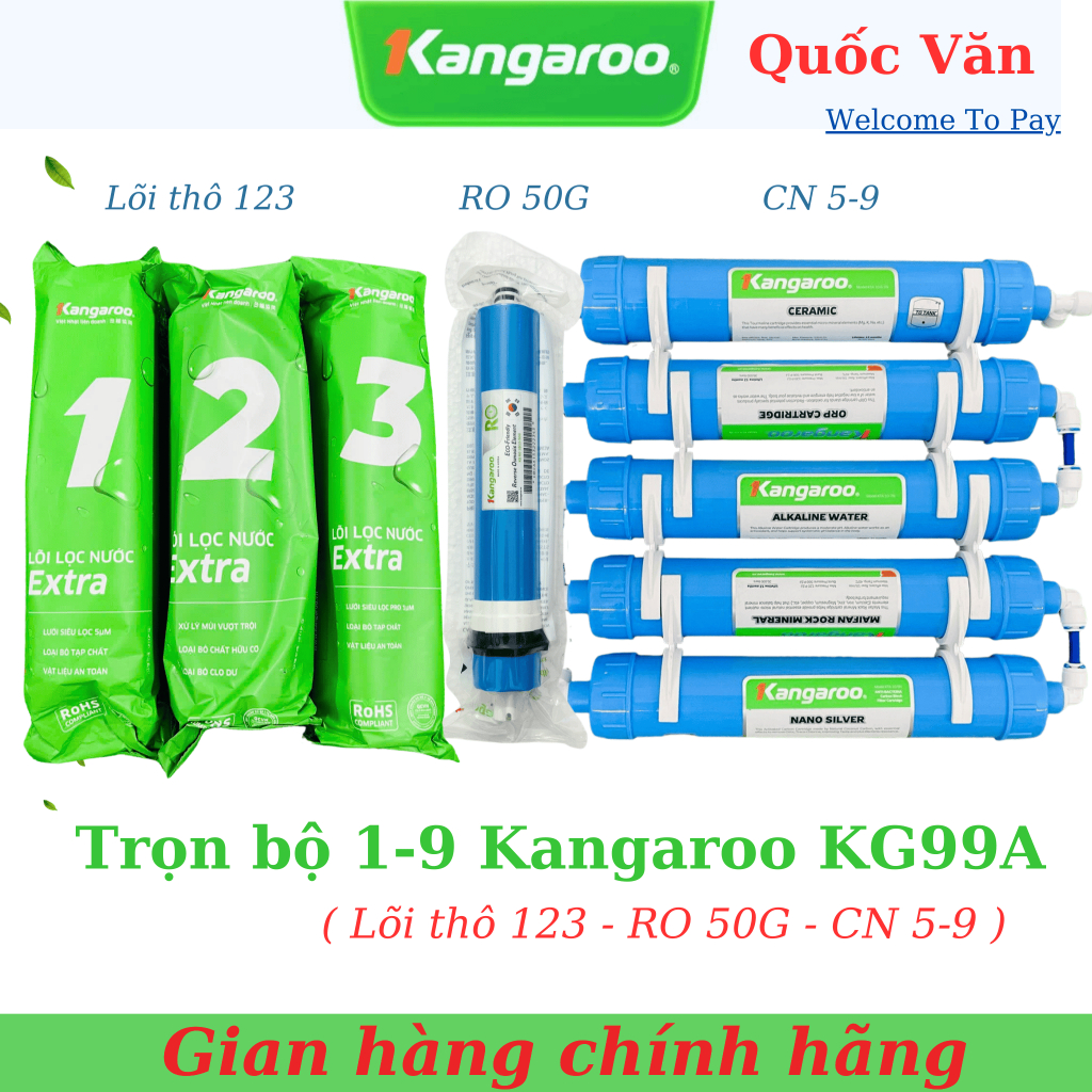 Trọn bộ 1-9 lõi lọc Kangaroo KG99A, KG109A - Nâng pH, Lọc 99,9% vi khuẩn, tạo khoáng chất có lợi cho