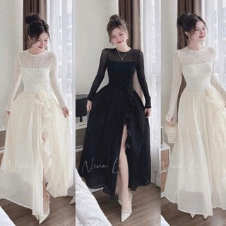 Váy dự tiệc dài tay chất vải ren phối tơ óng, Đầm thiết kế dạo phố, chụp hình, noel, hẹn hò