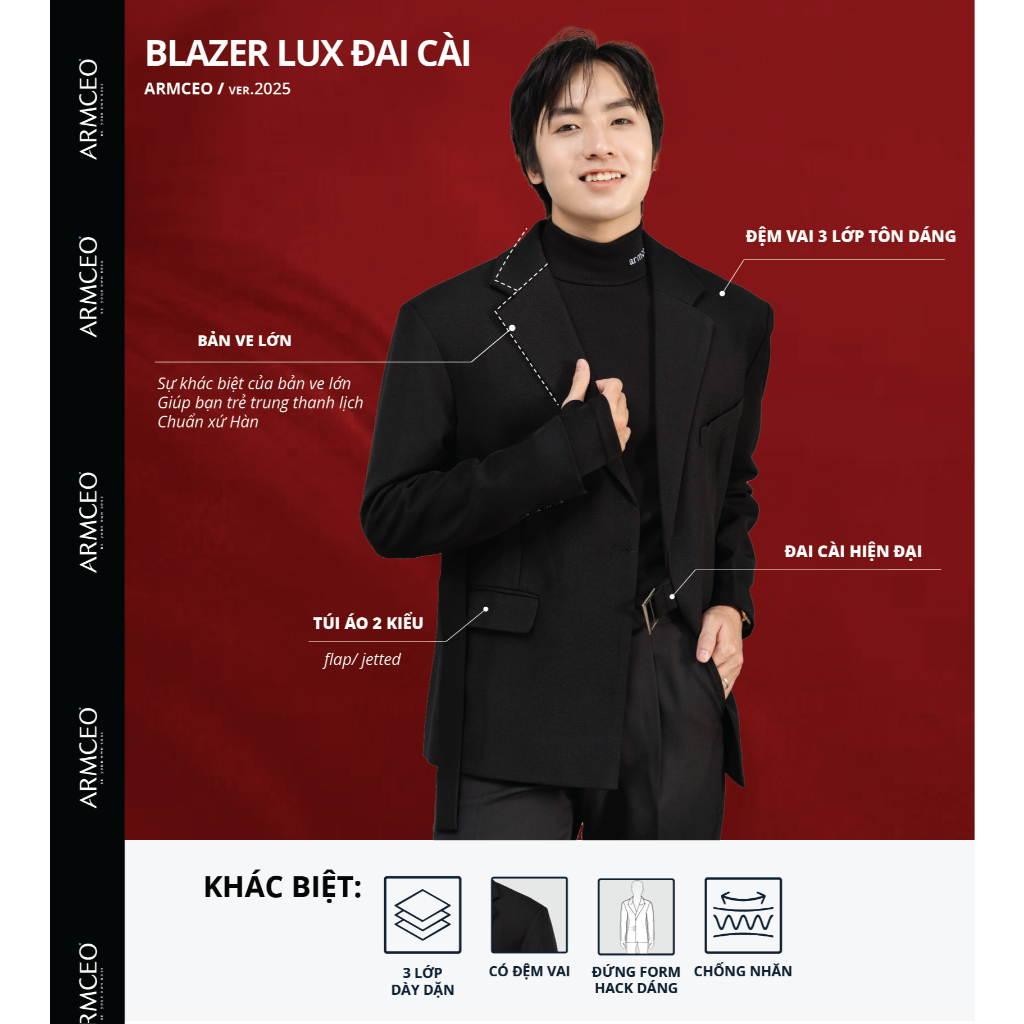 Áo blazer nam cao cấp  ARMCEO LUX đai cài, có đệm vai, form tôn dáng chuẩn Hàn Quốc -ARK01
