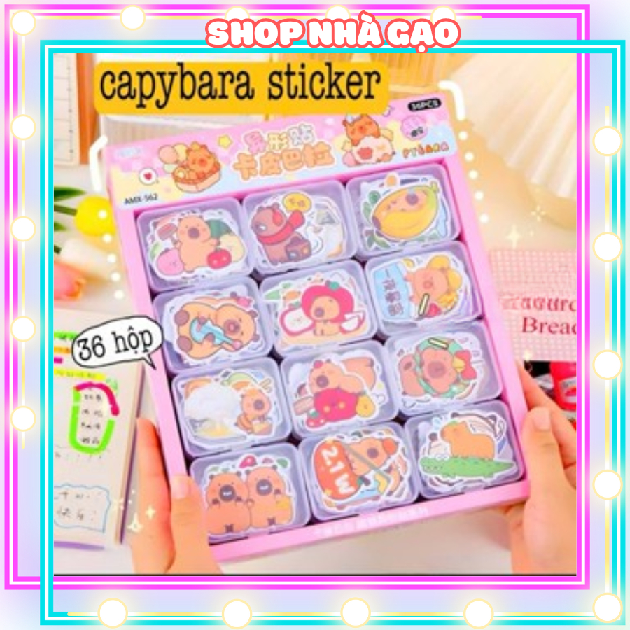 Khay 36 hộp sticker baby three, Capy Bara, Labubu, sticker bản to 36 hộp x 10 sticker cho bé