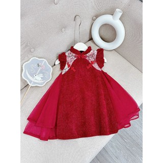   Poba.85  set váy xinh cho bé gái diện tết. Váy cổ tàu chất nhung kim tuyến phối lưới xoè rộng đẹp 