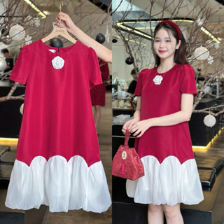  Đầm tiểu thư gài hoa phối chân voan dáng suông chất tacta cổ tròn tay ngắn form rộng hai màu thanh lịch 