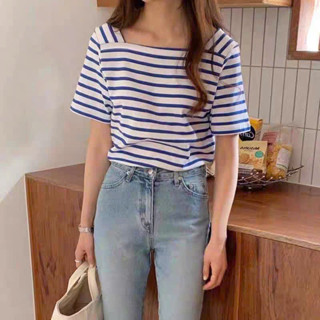 Áo Thun Sọc Ngang nữ kiểu cổ Vuông tôn xương quai xanh ANHTORE, Áo thun kiểu kẻ Sọc Ngắn Tay phom vừa Full size tới 65kg