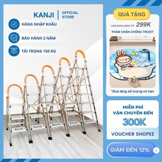 Thang nhôm ghế KANJI bản to 3,4,5,6,7 bậc gấp gọn cao từ 0,74M đến 1,72M, Khung Inox 304 cao cấp dàn dặn, chống gỉ sét