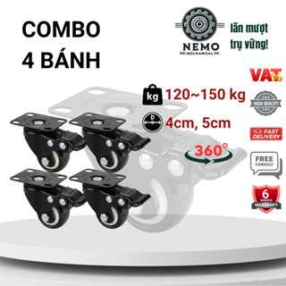 Combo 4 bánh xe đẩy hàng PVC đen trắng, mặt bích, quay 360°, 4cm và 5cm, tải trọng 120kg/ 4 bánh: