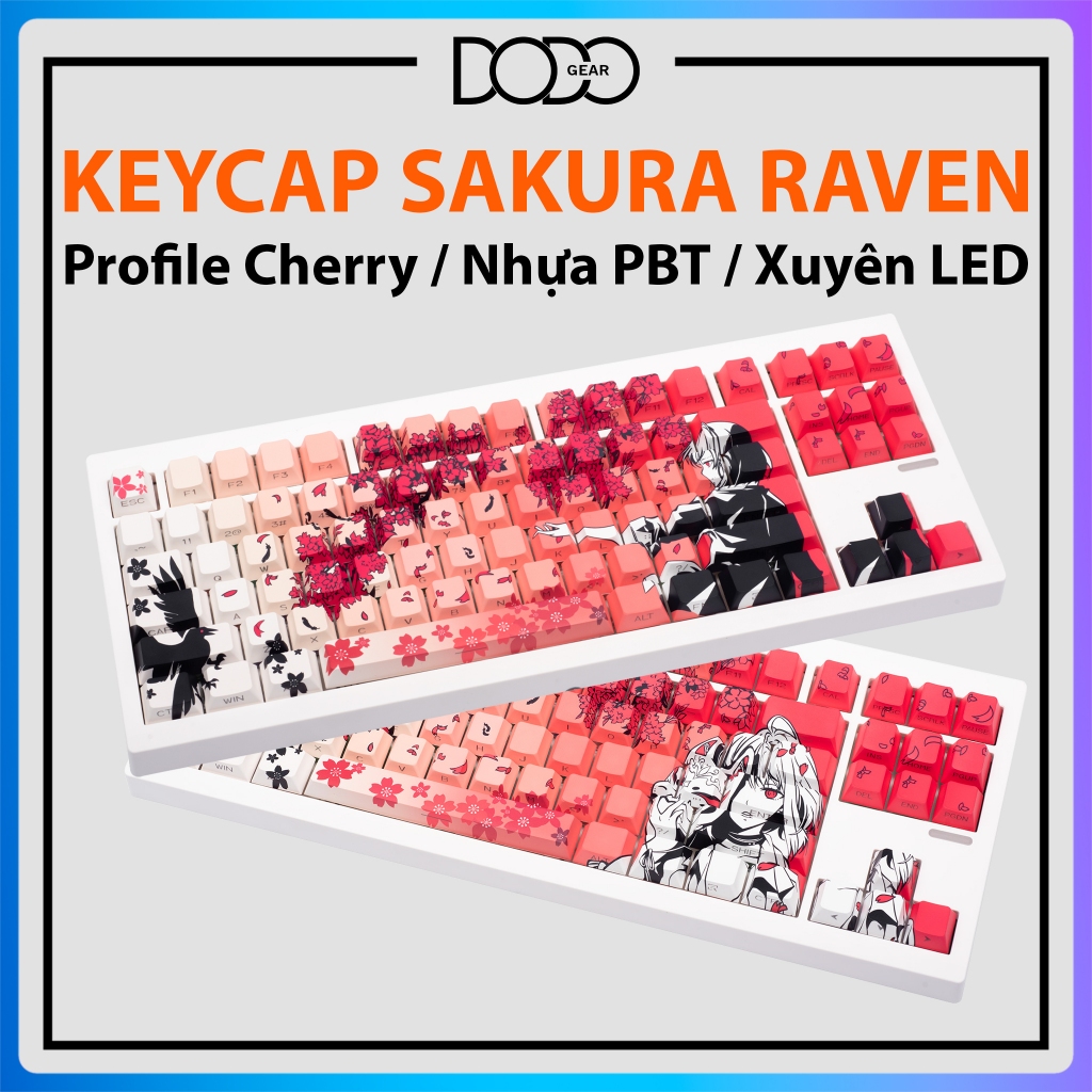 Keycap Sakura Raven xuyên led KC008 profile cherry nhựa PBT keycap hoạ tiết Sakura Raven xuyên led D