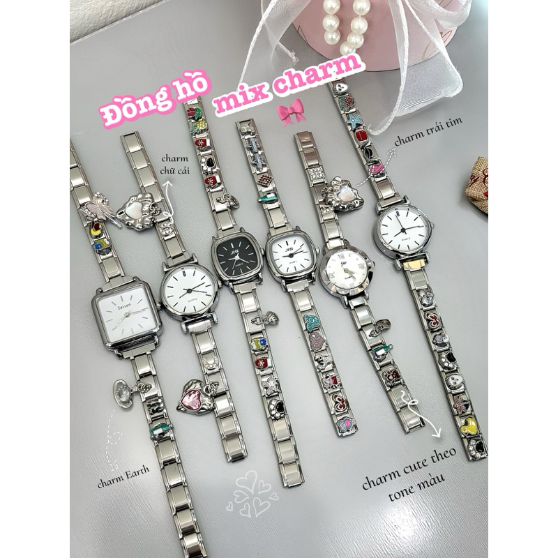 [ Tặng túi mù charm] Đồng hồ mix charm italian, đồng hồ Jis mix charm italian, đồng hồ nữ nhẹ nhàng 