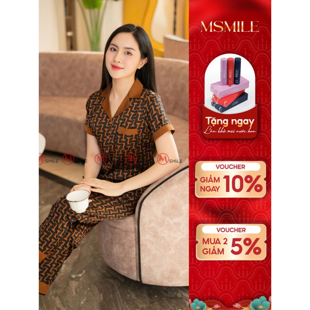 Bộ mặc nhà MSMILE lụa Satin cao cấp tay ngắn quần dài, chất liệu mịn màng, thoáng mát - BD303