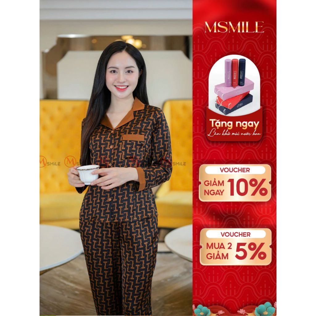 Bộ mặc nhà MSMILE lụa Satin cao cấp tay dài quần dài, chất liệu mịn màng, thoáng mát - BD360