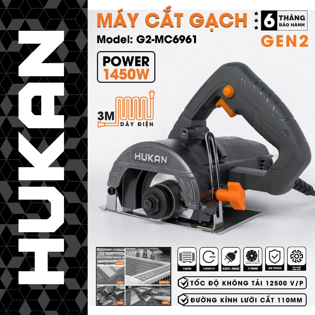 Máy cắt gạch HUKAN G2-MC6961, Công suất 1450w, Đường kính lưỡi cắt 110mm, Tốc độ cao 12.5000v/p
