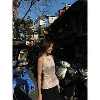  Áo gấm " Minh Châu "- Áo cổ yếm buộc dây màu hồng nhạt 