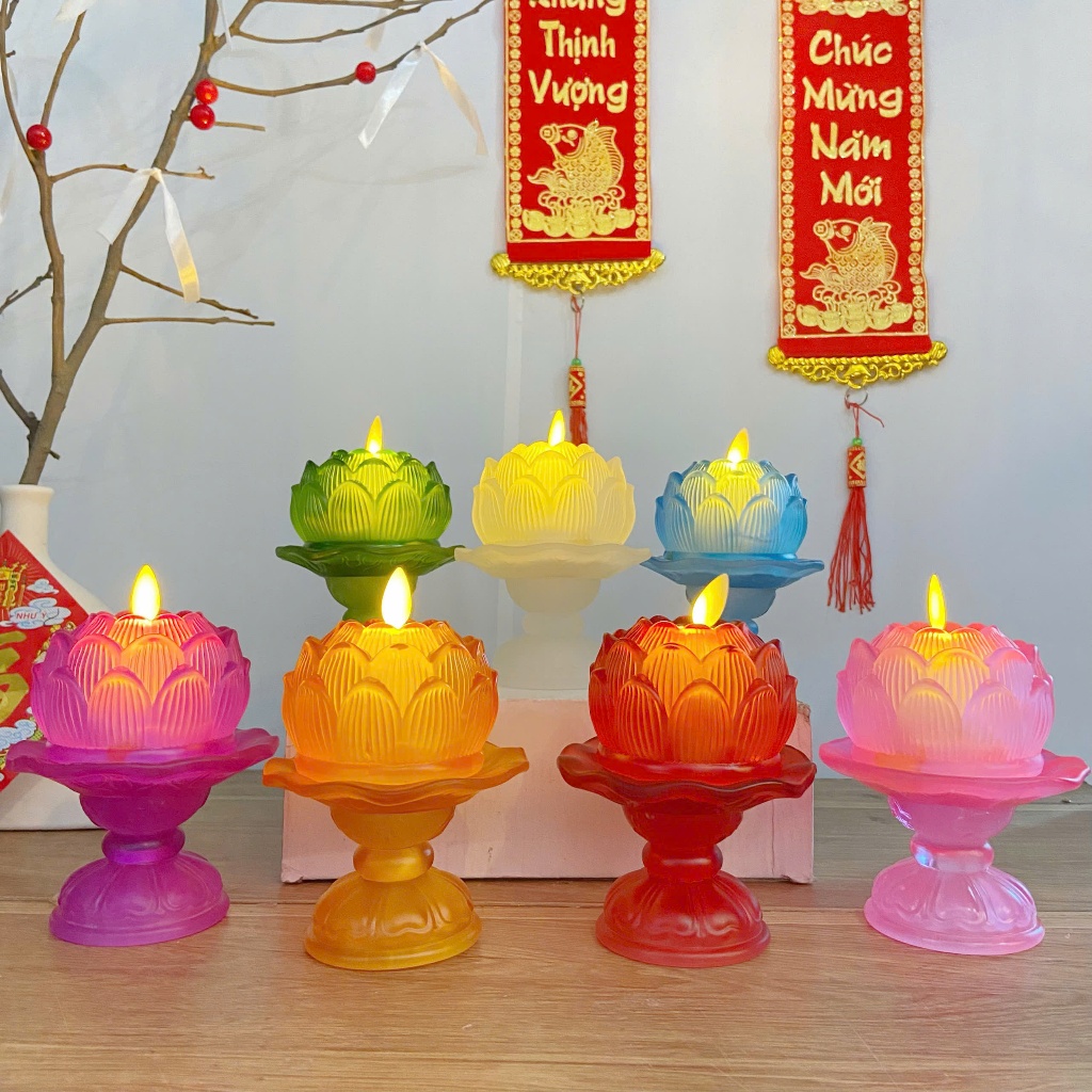 nến điện tử hoa sen thuỷ tinh, đèn lưu ly để ban thờ phật giáo nến thờ hoa sen chất liệu lưu ly thủy tinh.