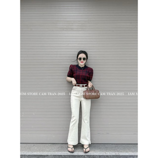 Quần jeans dáng ống loe nấm, loe dáng ngắn viền đỏ kèm đai hàng Qc l1 - sẵn