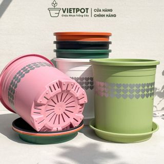 Chậu nhựa trồng cây VIETPOT, size lớn 34x36cm, 6.6gal, hoa văn tim, trồng hoa, kiểng, cây ăn trái.