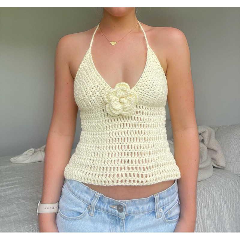 Áo dây len móc gắn hoa hồng rời-Áo crochet bralette len móc handmade phong cách fairycore, grunge