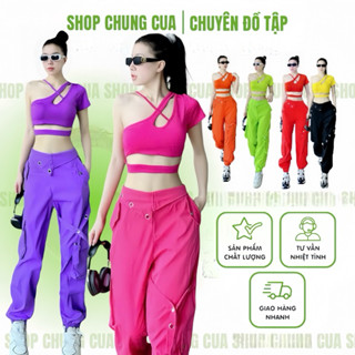 ÁO BRA LỆCH VAI + QUẦN JOCGER KAKI, quần áo thể dục nữ tập zumba, aerobic, sport, nhiều màu.
