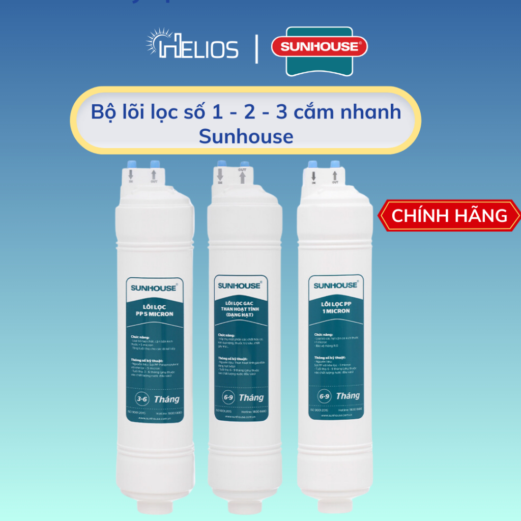 Bộ lõi lọc thô 123 đúc nối nhanh chính hãng Sunhouse dùng cho máy lọc nước Sunhouse model Model SHA8818K, SHA8878KV,...