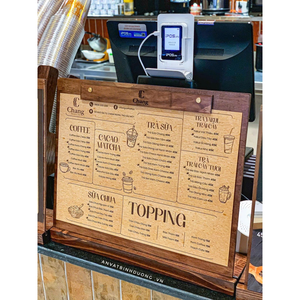 HCM l MENU ĐỂ QUẦY SIZE A3, BÌA GỖ KẸP MENU SIZE A3, BÌA MENU ĐỂ QUẦY ORDER (MIỄN PHÍ KHẮC LOGO) - L