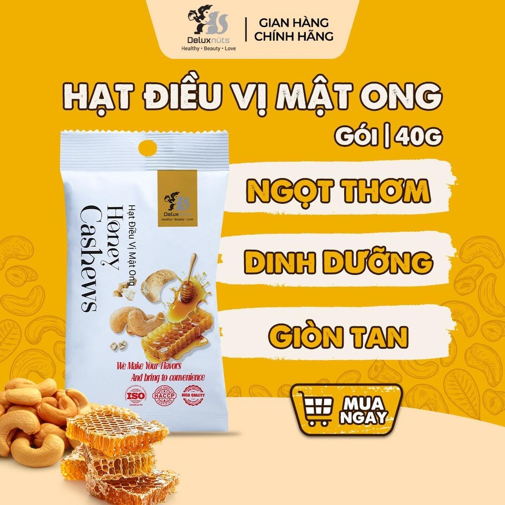 [Hỏa tốc] Hạt Điều Vị Mật Ong 40g Deluxnuts | Hạt Dinh Dưỡng, Snack Ăn Vặt (Gói 40gram)