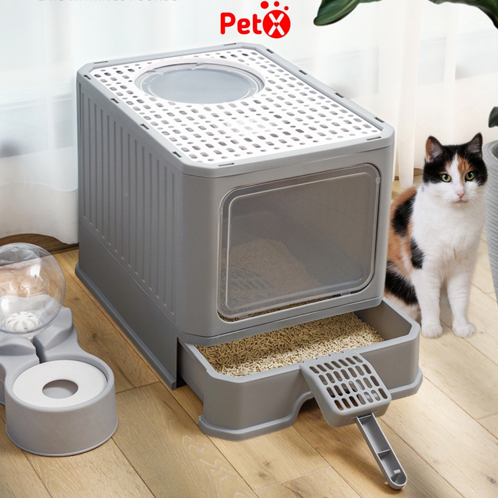 Nhà vệ sinh cho mèo có ngăn kéo khép kín có cửa vào ra riêng chống văng cát kèm xẻng PetX