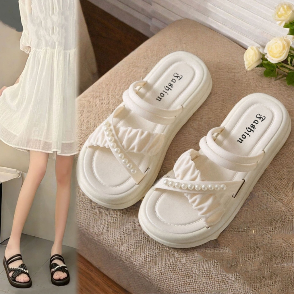 Dép Sandal Nữ Quai Chéo, Quai Hậu, Đính Ngọc Trai, Đế Cao 5 cm, Chống Trơn Trượt, Hottrend Mới Đẹp N