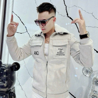 Áo khoác nam da lộn lót lông cổ lông tháo dời hàng Quảng Châu cao cấp