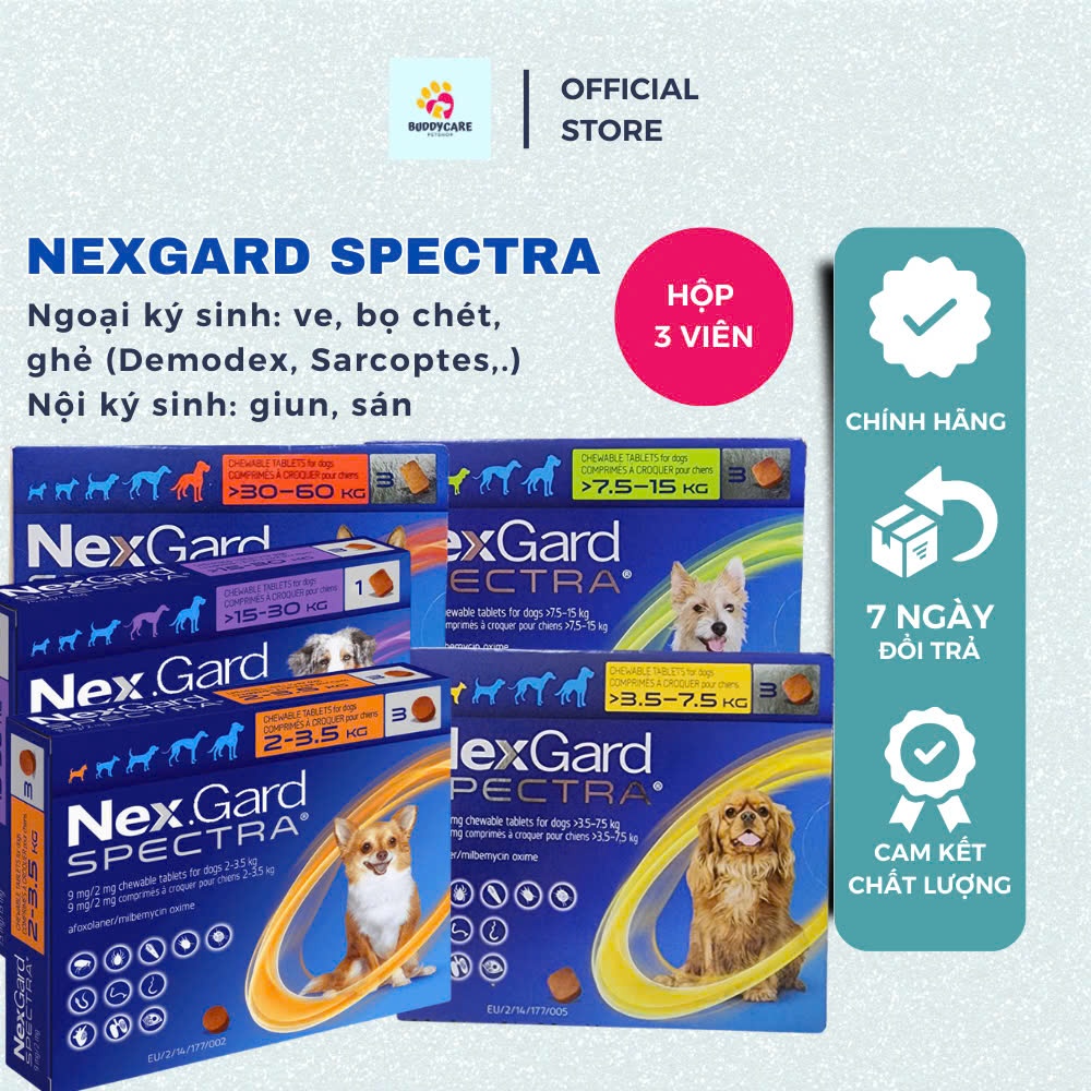 [ 1 Hộp/ 3 Viên ] NEXGARD SPECTRA - Dùng Cho Chó Ve ,Bọ Chét ,Ghẻ, Tẩy Giun Tròn & Phòng Giun Tim