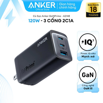 [Củ sạc 120W] Sạc Anker 3 cổng 2C1A 737 GaNPrime - Hỗ trợ GaN, PowerIQ - A2148