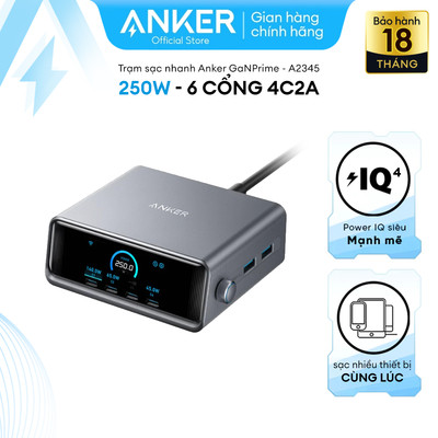 Trạm sạc nhanh Anker GaNPrime 6 cổng 4C2A công suất 250W - Màn hình LCD - Nút xoay linh hoạt - Hỗ trợ app - A2345