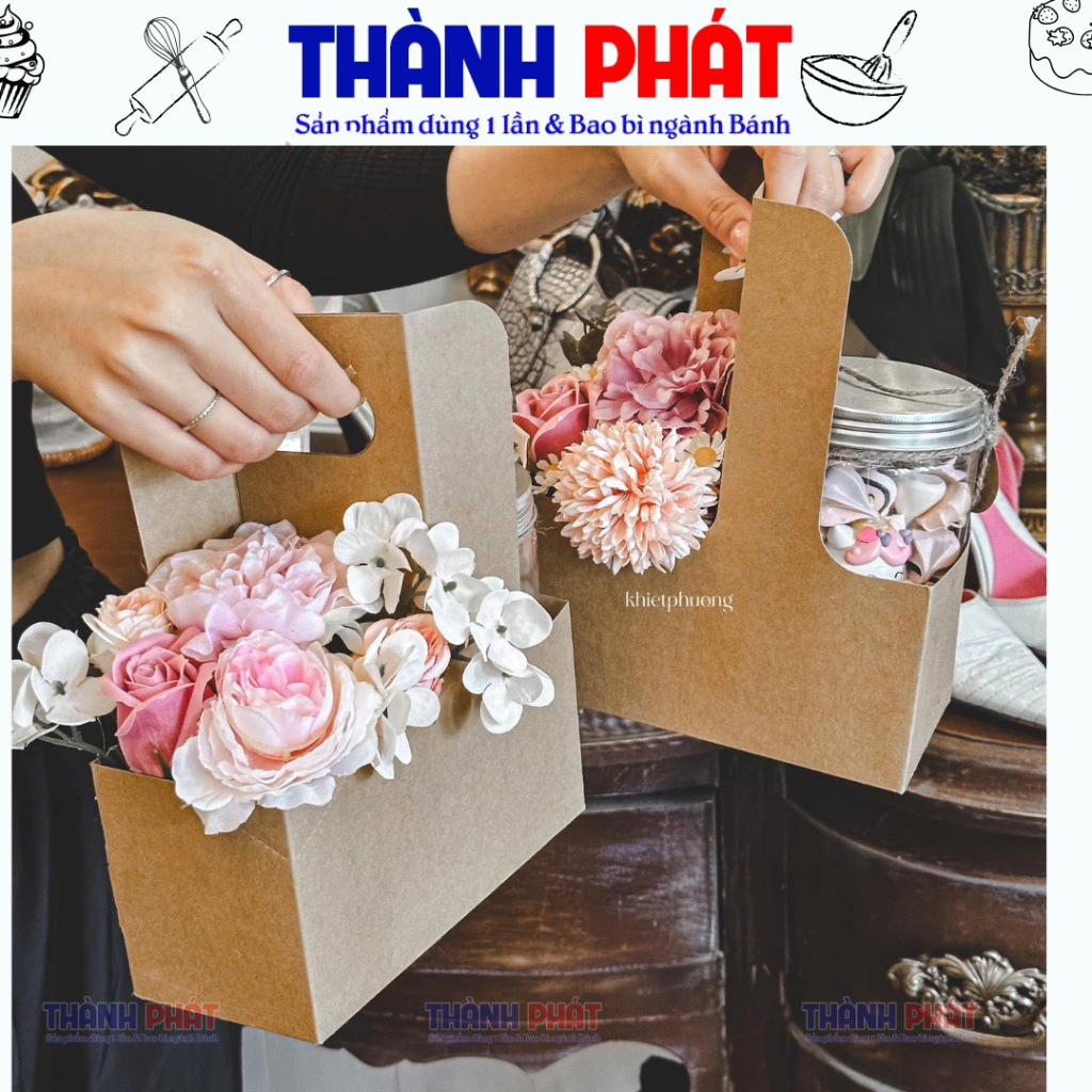 50 Khay kraft 2 ngăn đựng cafe và hoa - Túi giấy 2 ngăn đựng Hoa và nước tặng quà 20/10 - 8/3