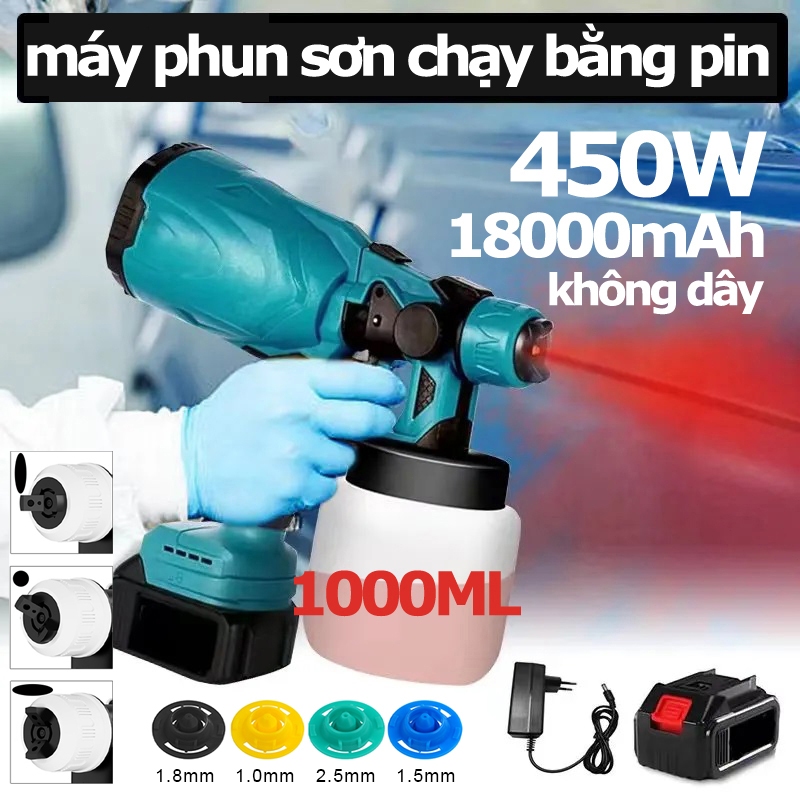 Máy Phun Sơn Cầm Tay - Súng Phun Sơn Điện - Công suất 450W - Chạy bằng pin - Bình 1000ML - Bảo Hành 