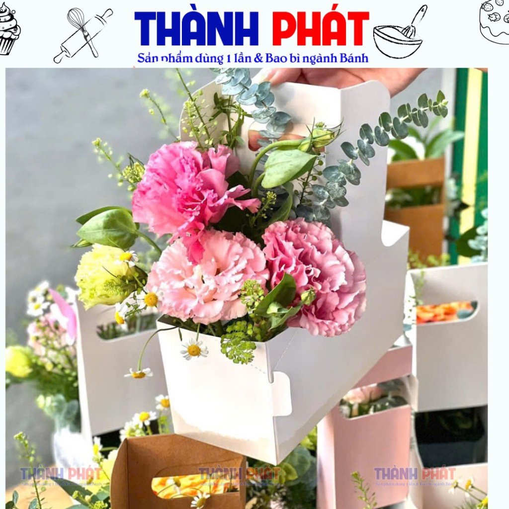 50 Khay ly 2 ngăn trắng đựng nước và hoa - Quai xách 2 ngăn đựng cafe mang đi -Quai giấy 2 ngăn đựng