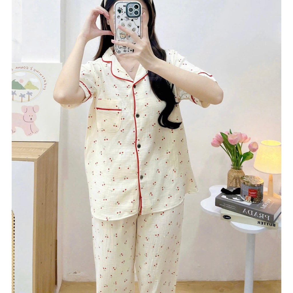 SET ĐỒ BỘ PIJAMA NỮ CHERRY NHÍ - ĐỒ BỘ MẶC NHÀ VẢI XÔ MUSLIN