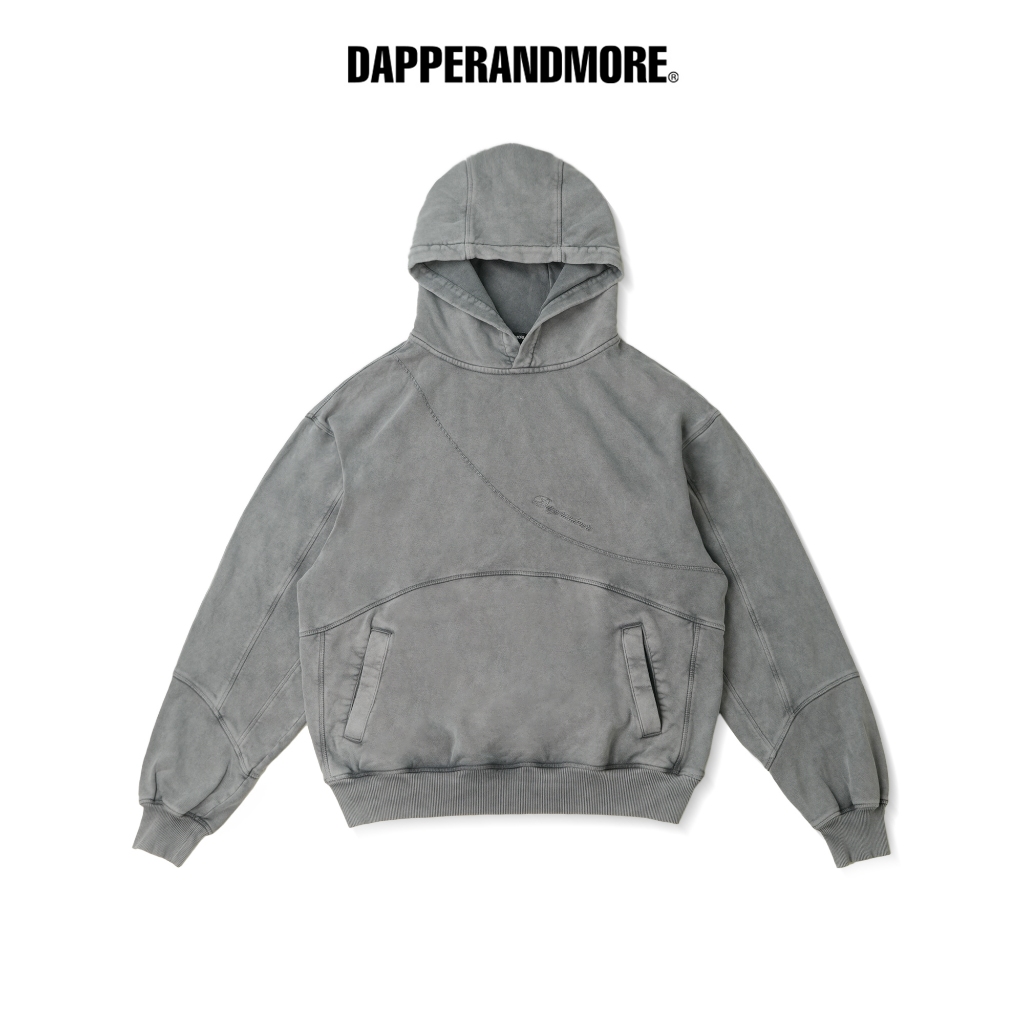 Áo Hoodie Wash DAPPERANDMORE "PANELLED HOODIE WASHED" Phối Line Rã May Thêu Logo 450GSM - Xám