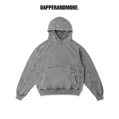 Áo Hoodie Wash DAPPERANDMORE "PANELLED HOODIE WASHED" Phối Line Rã May Thêu Logo 450GSM - Xám