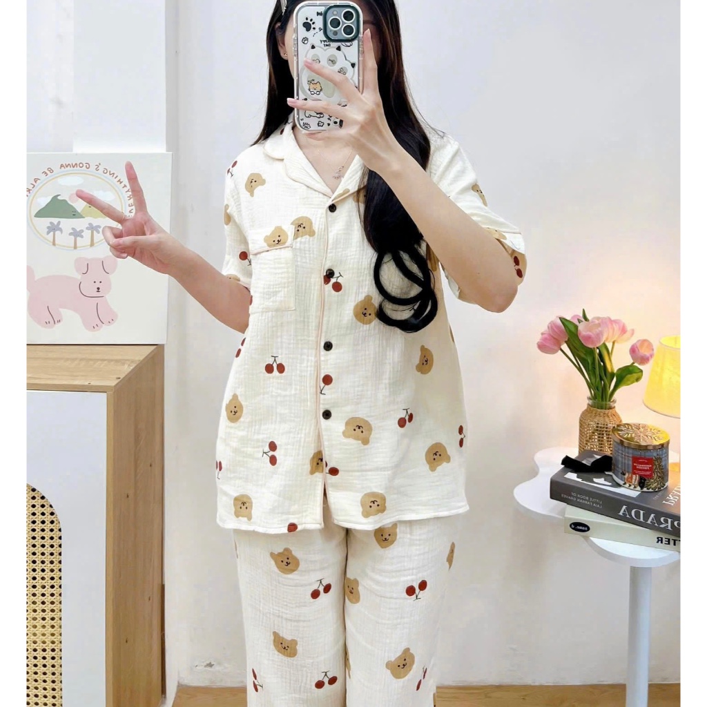 SET ĐỒ BỘ PIJAMA NỮ GẤU CHERRY - ĐỒ BỘ MẶC NHÀ VẢI XÔ MUSLIN