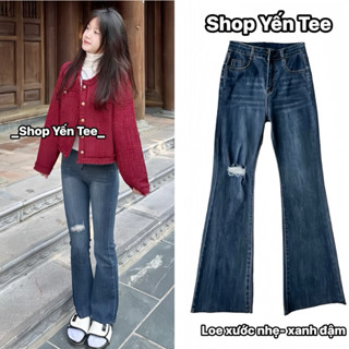 Quần jeans nữ ống loe xước đùi Yến Tee, from loe nhẹ dễ mặc , gọn dáng, quần jean nữ , quần ống loe