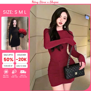  Đầm Thun Ngắn Sexy Váy Body Cổ Tròn Dài Tay Thiết Tế Nhún Eo Và Hông Chất Tăm Thái Đẹp Co Giãn Tốt 5 