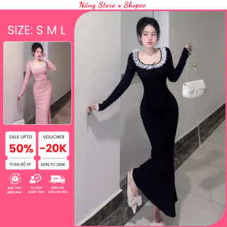  Đầm Body Dáng Dài Cổ Vuông Dài Tay Váy Ôm Bodo Cổ U Viền Ren Bèo Tiểu Thư Chất Tăm Thái Không Khoá Sau. 