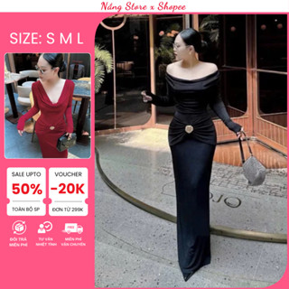 Đầm Body Maxi Đi Tiệc Thiết Kế Trễ Vai cổ đổ Tay Dài, Váy Ôm Body Tăm Thái Nhún Eo Che Khuyết Điểm Hack Dáng 11