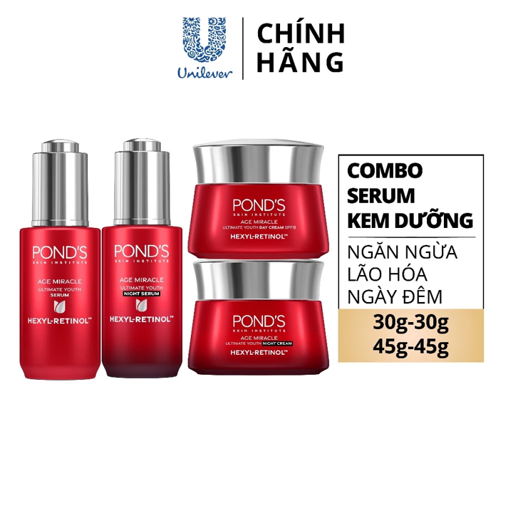 Combo 2 Serum và 2 Kem dưỡng ngày & đêm Pond's Age Miracle mờ đốm nâu, nếp nhăn với 50X Hexyl-Retinol 30G+30G+45G+45G | BigBuy360 - bigbuy360.vn