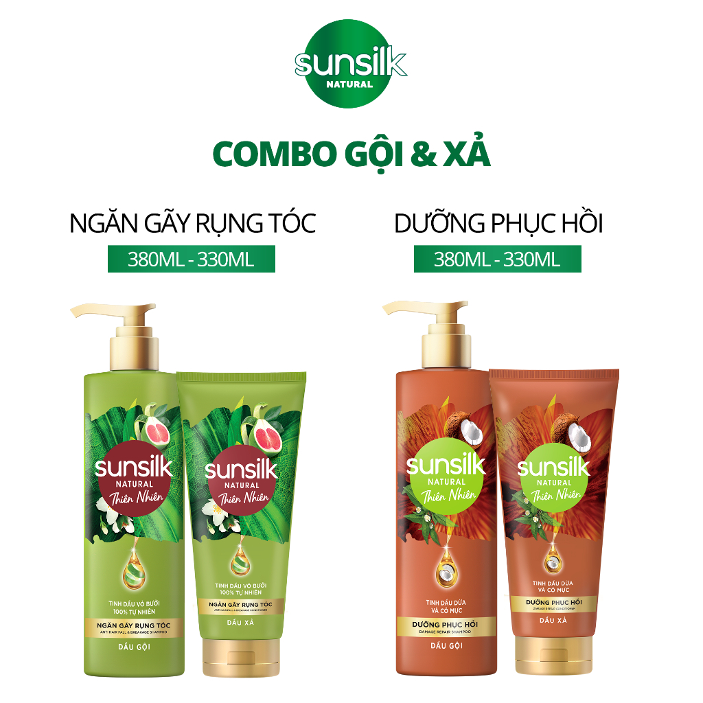 Combo Gội xả Sunsilk Thiên Nhiên Ngăn Gãy Rụng Tóc Đến 98% và Dưỡng Phục Hồi Chuyên Sâu Từ Gốc 380ml + 330ml | BigBuy360 - bigbuy360.vn