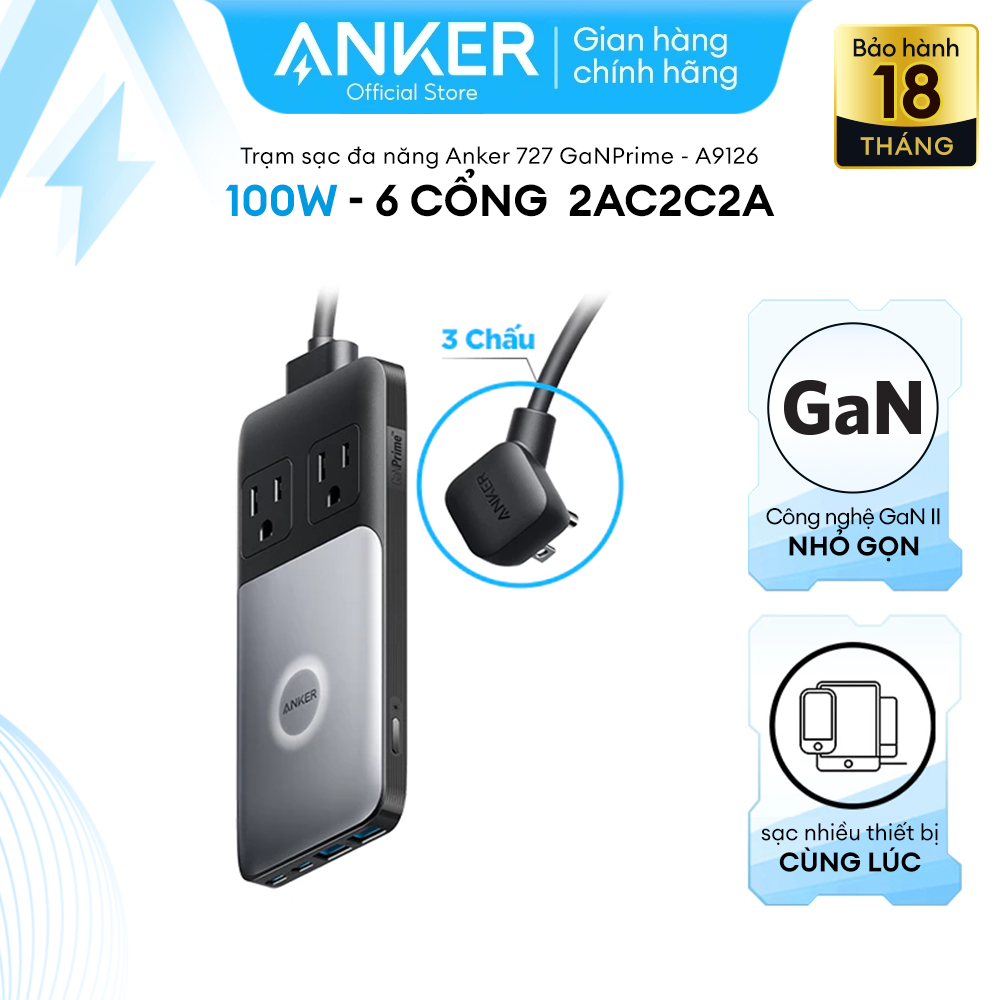 Trạm sạc đa năng Anker 727 GaNPrime 100W 2 cổng USB-C, 2 cổng USB-A và 2 ổ cắm AC sạc cùng lúc 6 thi