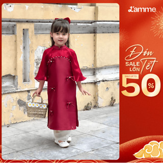 Áo dài trẻ em, áo dài tết 2024 cho bé gái Cát Nhi thiết kế cách tân chất liệu lụa Tafta phối ngọc, lụa tơ mềm BY L'AMME