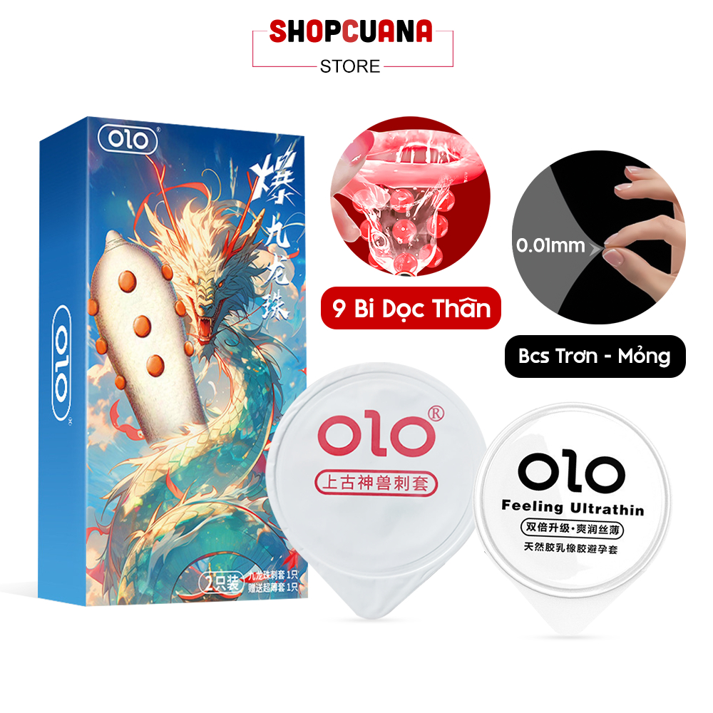 Bao Cao Su OLo Rồng 9 Bi Dọc Thân (Hộp 1C Trơn + 1 Cái 9 Bi) - Bcs Gân Gai, Siêu Mỏng 0.03mm