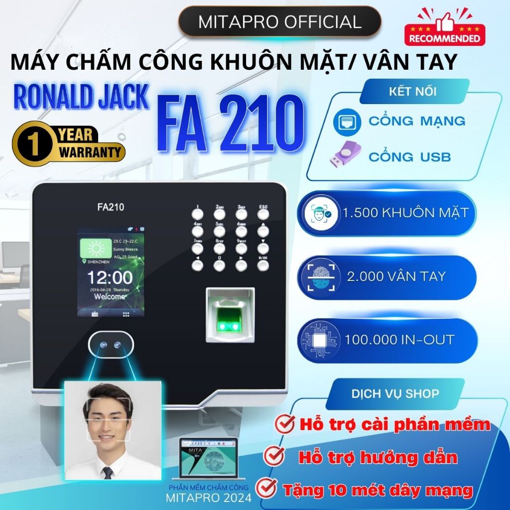 FA210 Máy chấm công khuôn mặt/vân tay/ sử dụng phù hợp cho doanh nghiệp vừa và nhỏ. Tặng kèm phần mề