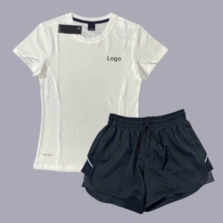 Bộ Quần Áo Thể Thao Nữ Quần Đùi 2 Lớp QN06 Kèm Áo Thun NK Logo Thêu Tập Gym, Chạy Bộ, Aerobic, Cầu Lông